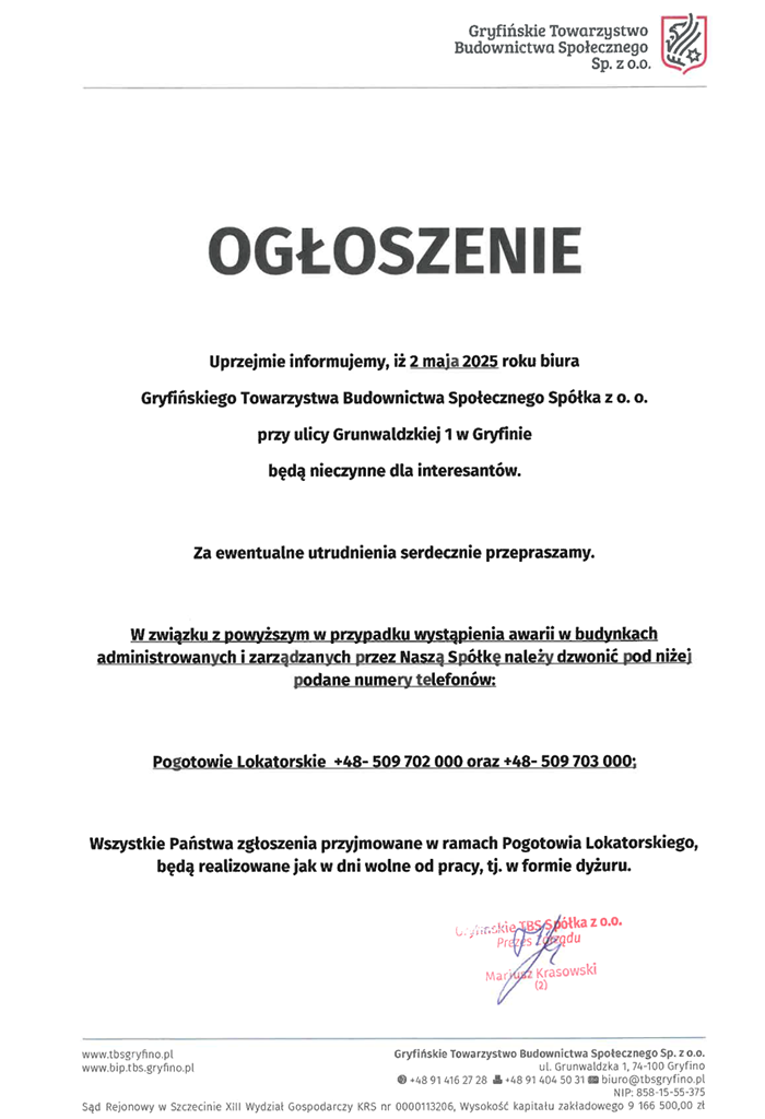 Ogłoszenie dzień 2 maja dniem wolnym